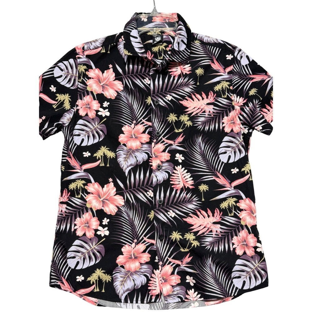 Neff Mens Tropical Floral Button Down Shirt Black Pink Hibiscus Cotton‎ Small